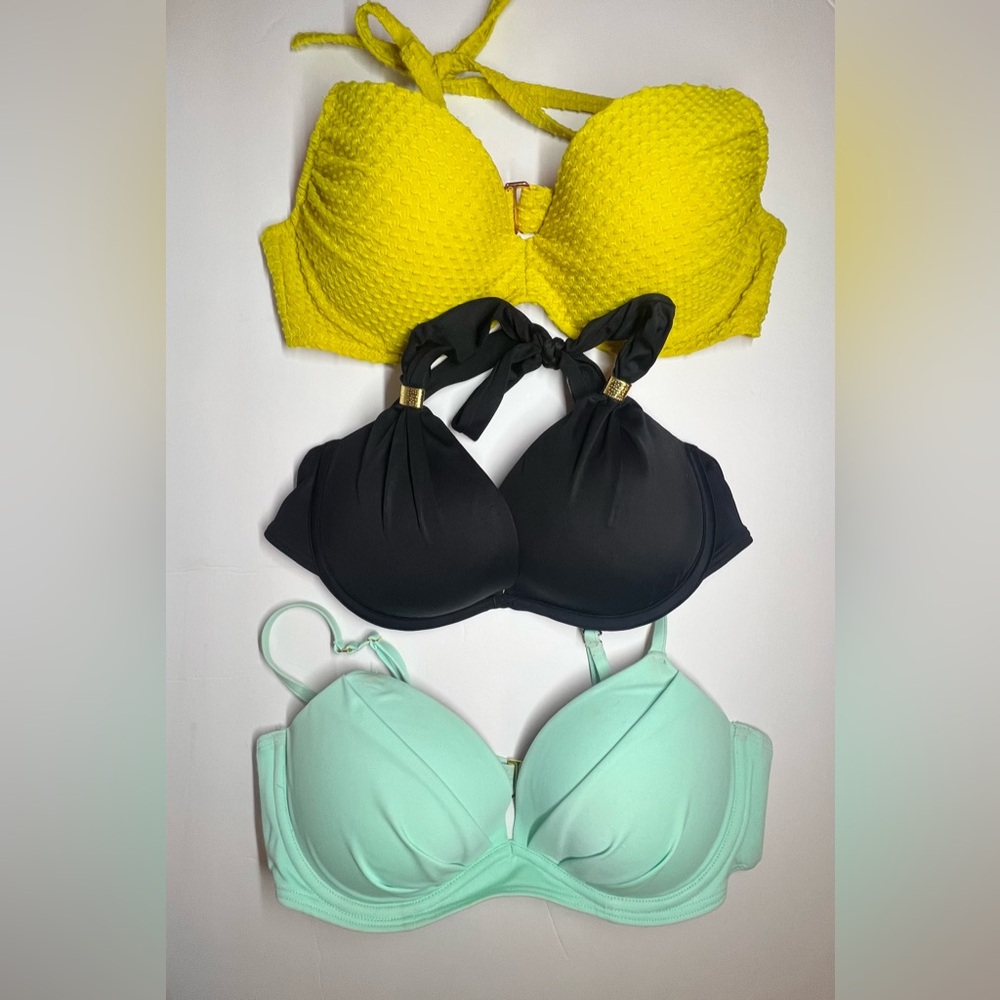 36C Yellow, Black, and Mint Green Bikini Tops